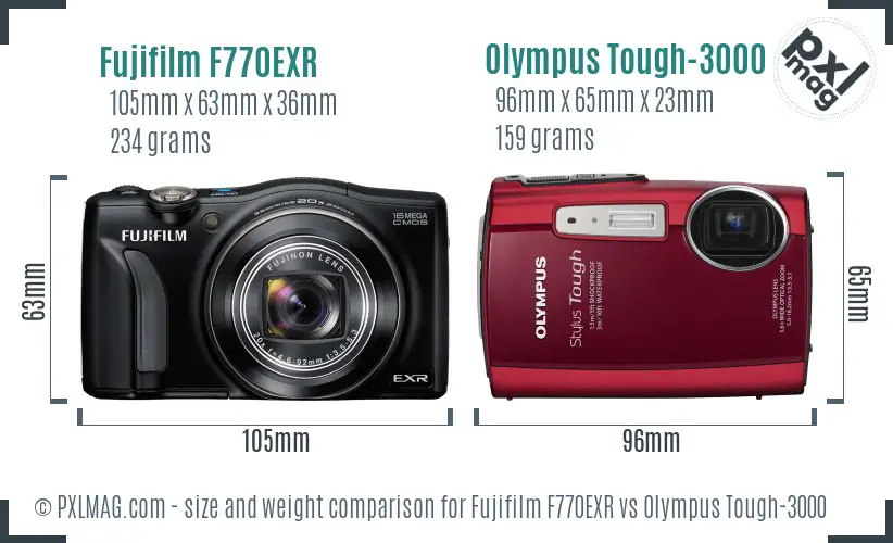 Fujifilm F770EXR vs Olympus Tough-3000 size comparison Fujifilm F770EXR vs Olympus Tough-3000 size comparison