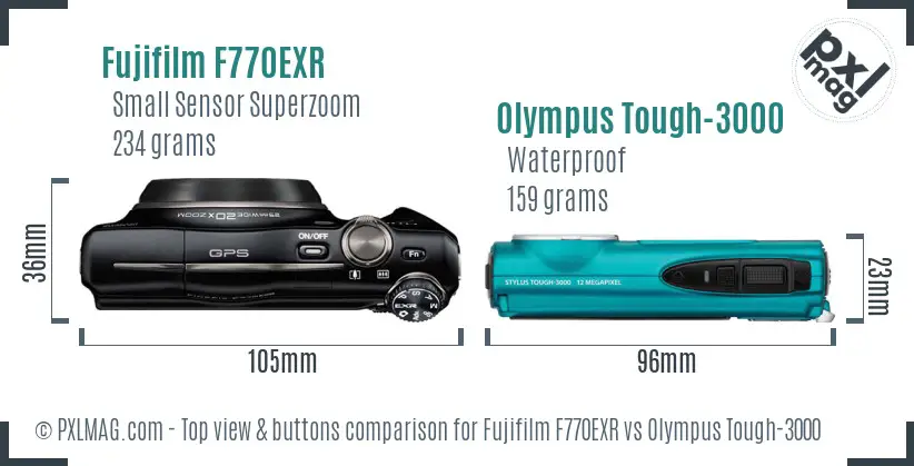Fujifilm F770EXR vs Olympus Tough-3000 top view buttons comparison Fujifilm F770EXR vs Olympus Tough-3000 top view buttons comparison