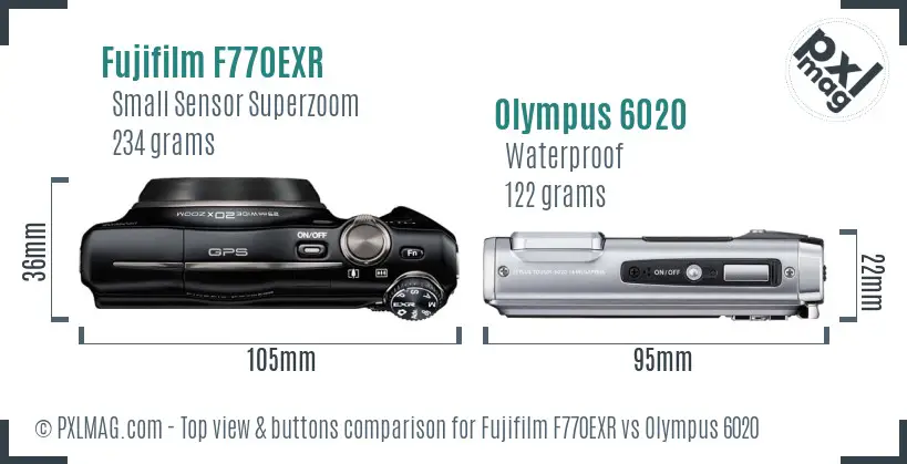 Fujifilm F770EXR vs Olympus 6020 top view buttons comparison Fujifilm F770EXR vs Olympus 6020 top view buttons comparison