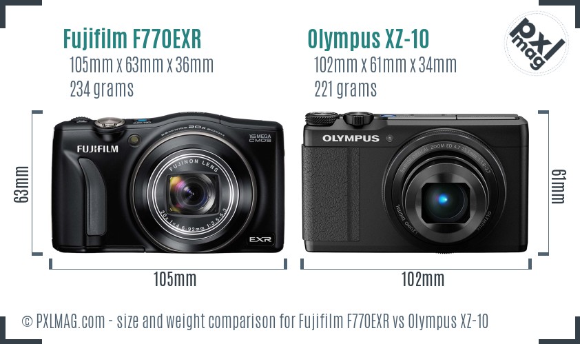 Fujifilm F770EXR vs Olympus XZ-10 size comparison
