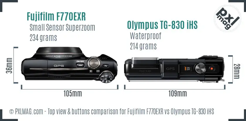 Fujifilm F770EXR vs Olympus TG-830 iHS top view buttons comparison Fujifilm F770EXR vs Olympus TG-830 iHS top view buttons comparison