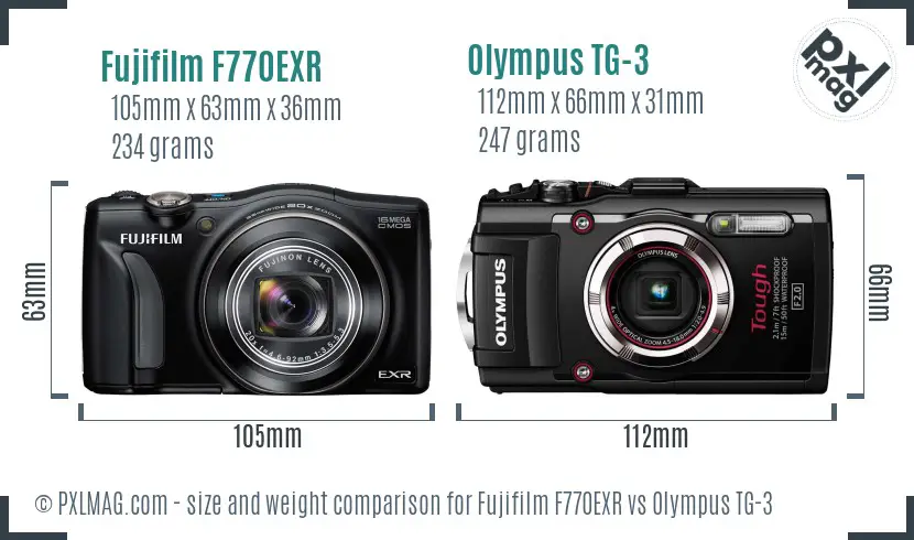 Fujifilm F770EXR vs Olympus TG-3 size comparison