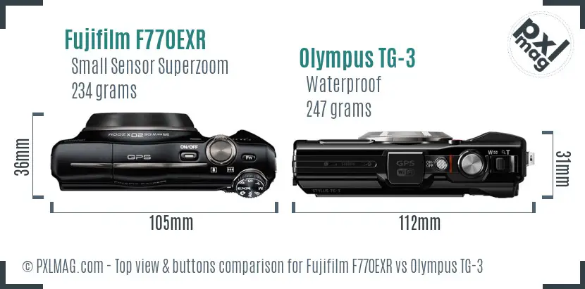 Fujifilm F770EXR vs Olympus TG-3 top view buttons comparison