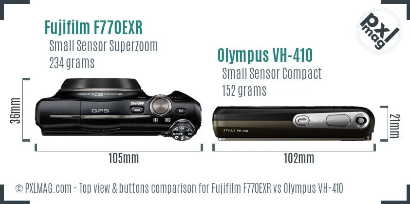 Fujifilm F770EXR vs Olympus VH-410 top view buttons comparison Fujifilm F770EXR vs Olympus VH-410 top view buttons comparison