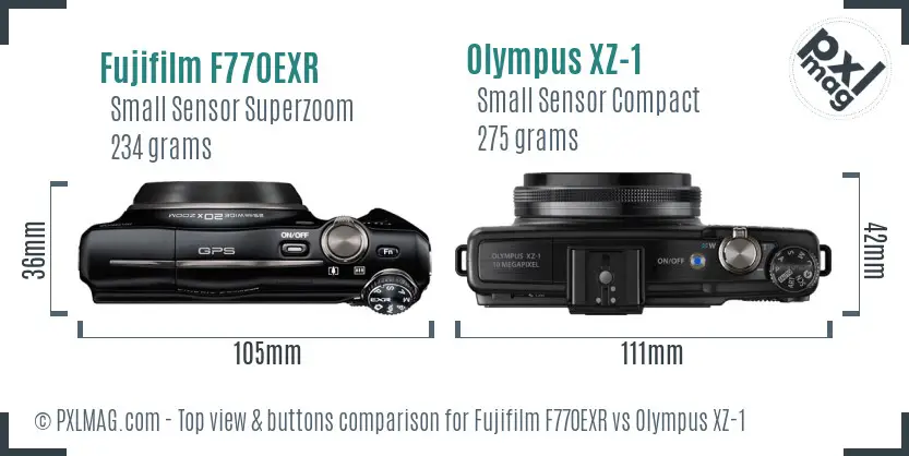 Fujifilm F770EXR vs Olympus XZ-1 top view buttons comparison Fujifilm F770EXR vs Olympus XZ-1 top view buttons comparison