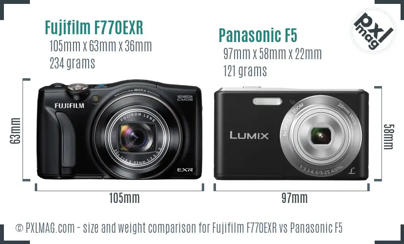 Fujifilm F770EXR vs Panasonic F5 size comparison