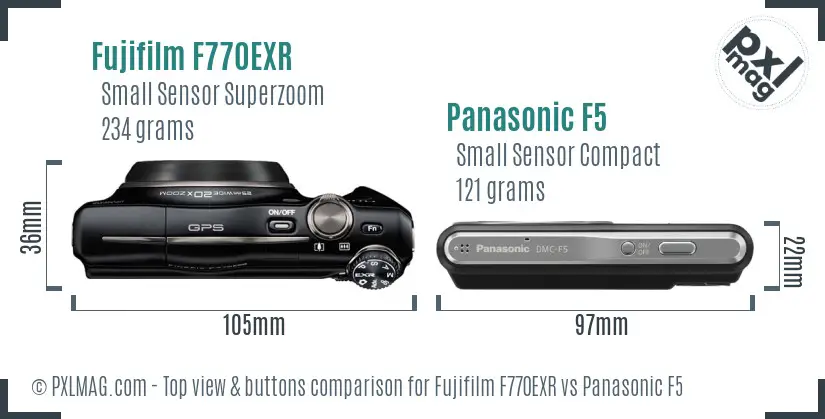 Fujifilm F770EXR vs Panasonic F5 top view buttons comparison