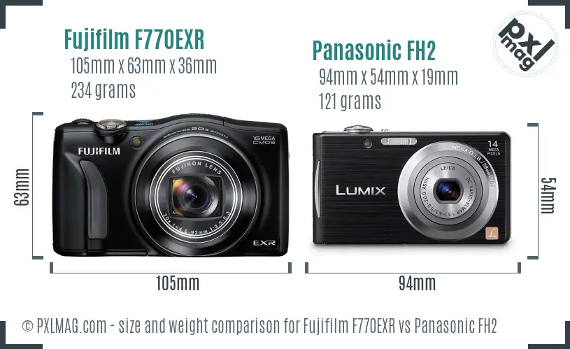 Fujifilm F770EXR vs Panasonic FH2 size comparison