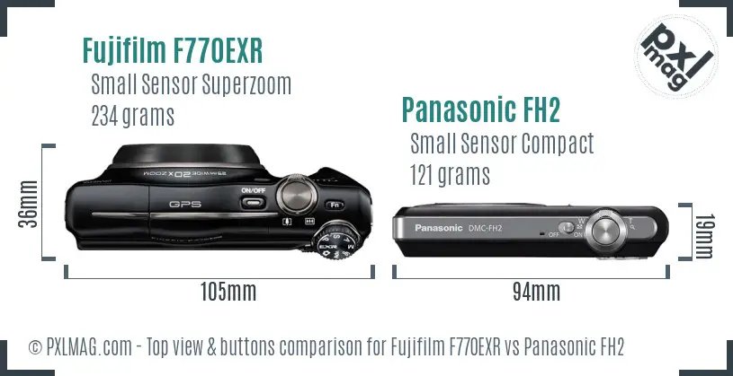 Fujifilm F770EXR vs Panasonic FH2 top view buttons comparison