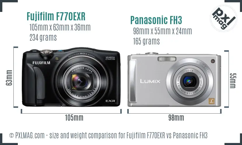 Fujifilm F770EXR vs Panasonic FH3 size comparison