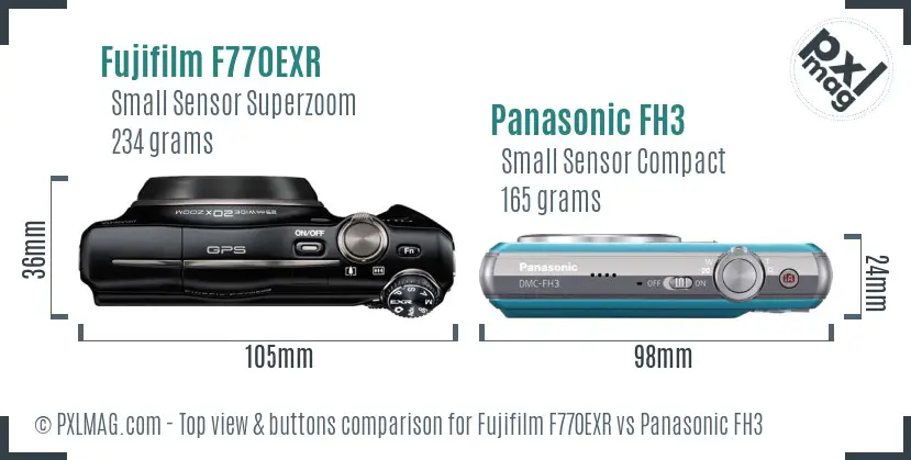 Fujifilm F770EXR vs Panasonic FH3 top view buttons comparison