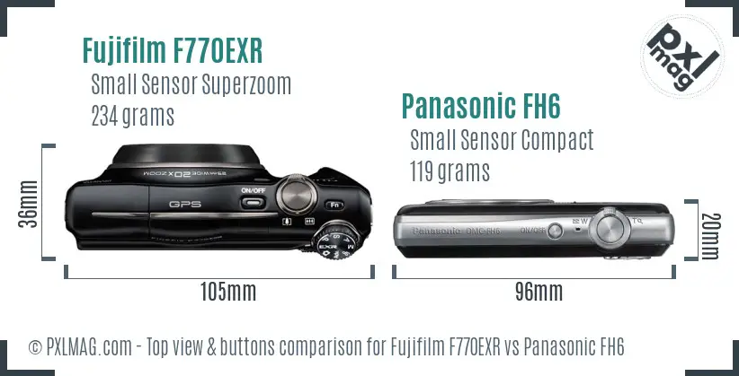 Fujifilm F770EXR vs Panasonic FH6 top view buttons comparison
