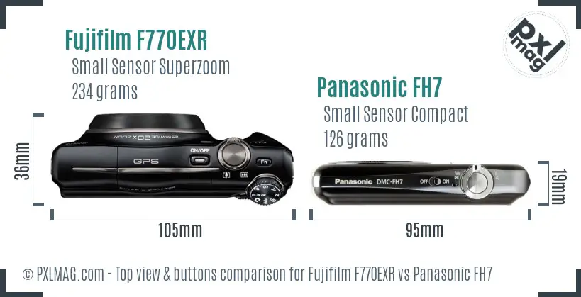 Fujifilm F770EXR vs Panasonic FH7 top view buttons comparison Fujifilm F770EXR vs Panasonic FH7 top view buttons comparison