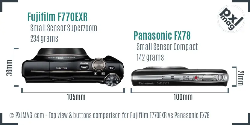 Fujifilm F770EXR vs Panasonic FX78 top view buttons comparison