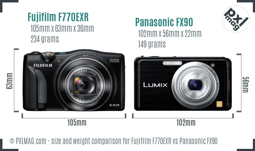 Fujifilm F770EXR vs Panasonic FX90 size comparison