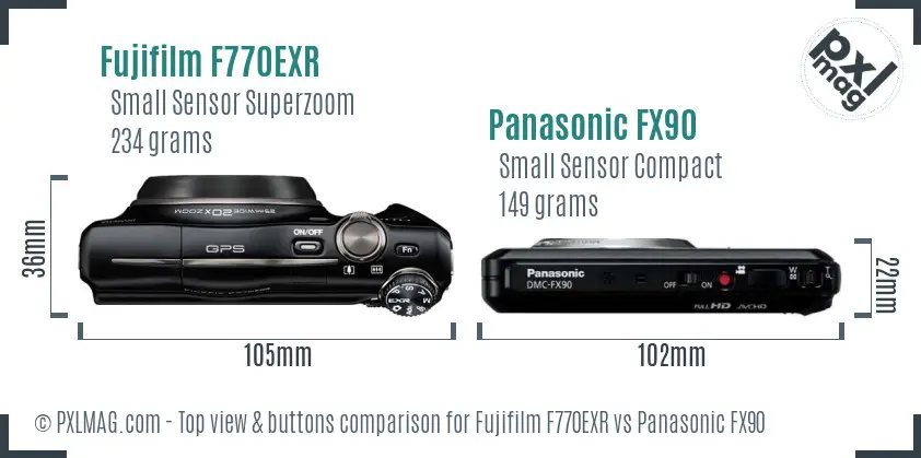 Fujifilm F770EXR vs Panasonic FX90 top view buttons comparison