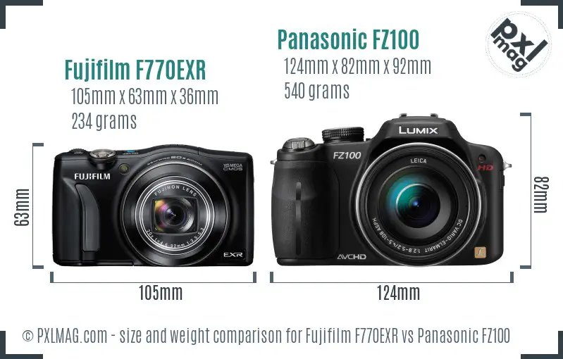 Fujifilm F770EXR vs Panasonic FZ100 size comparison