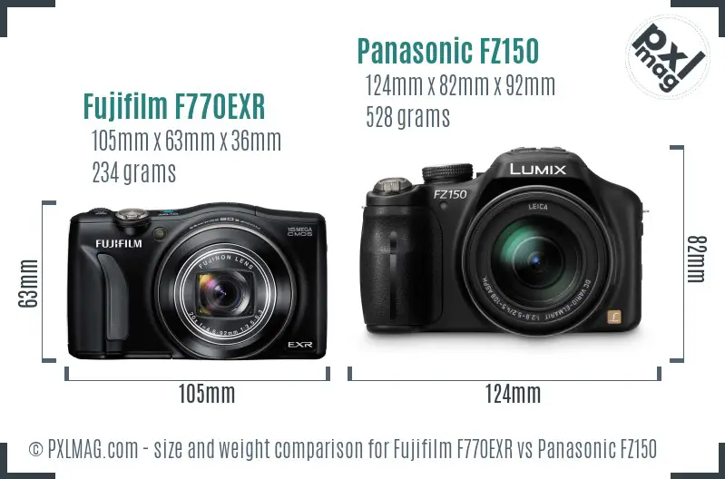 Fujifilm F770EXR vs Panasonic FZ150 size comparison