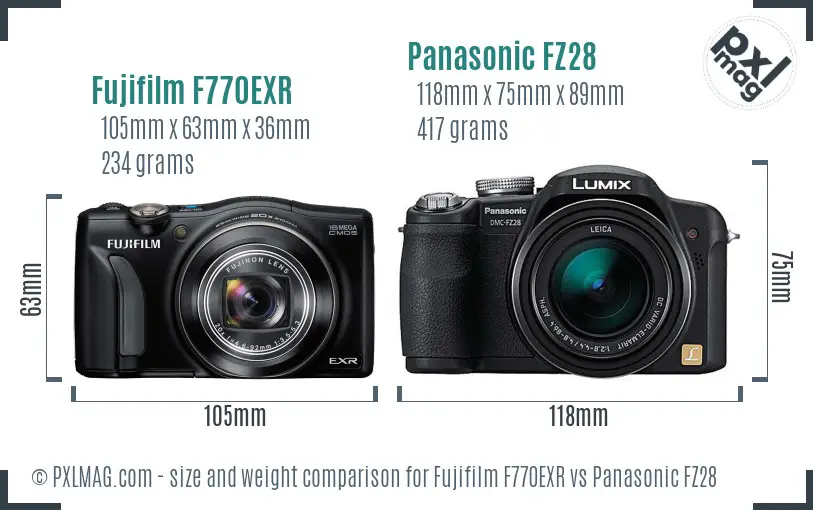 Fujifilm F770EXR vs Panasonic FZ28 size comparison