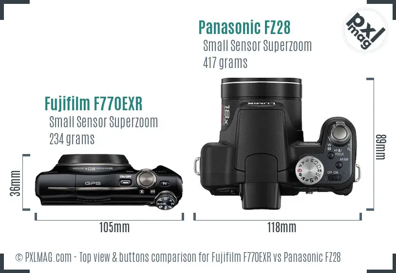 Fujifilm F770EXR vs Panasonic FZ28 top view buttons comparison