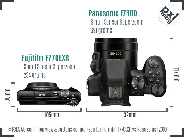 Fujifilm F770EXR vs Panasonic FZ300 top view buttons comparison