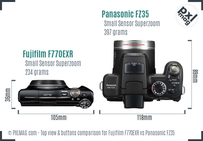 Fujifilm F770EXR vs Panasonic FZ35 top view buttons comparison