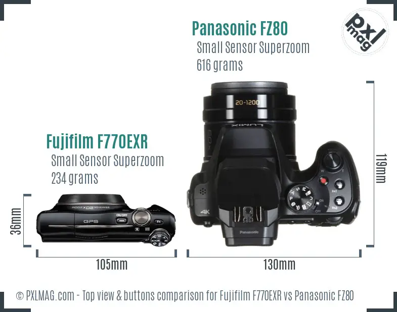 Fujifilm F770EXR vs Panasonic FZ80 top view buttons comparison Fujifilm F770EXR vs Panasonic FZ80 top view buttons comparison
