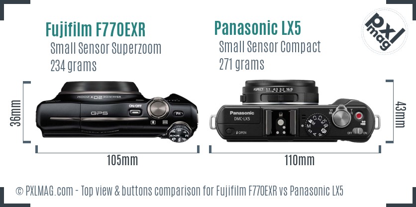 Fujifilm F770EXR vs Panasonic LX5 top view buttons comparison