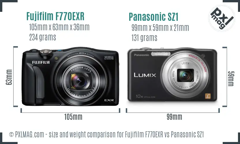 Fujifilm F770EXR vs Panasonic SZ1 size comparison