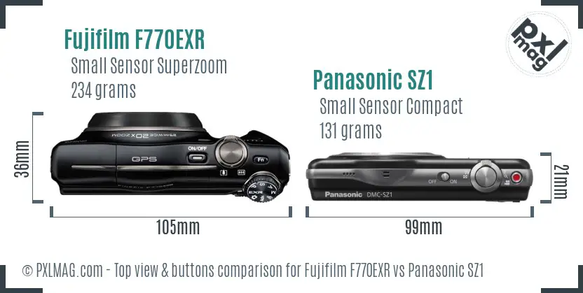 Fujifilm F770EXR vs Panasonic SZ1 top view buttons comparison