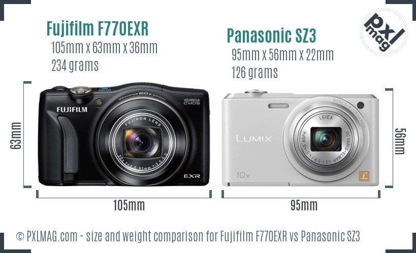 Fujifilm F770EXR vs Panasonic SZ3 size comparison