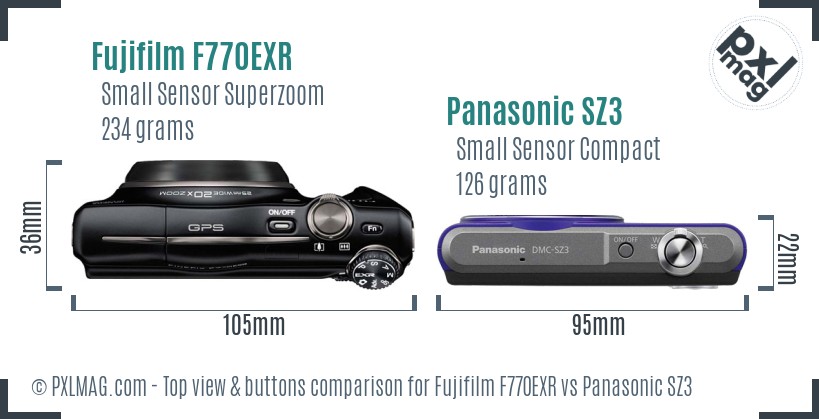 Fujifilm F770EXR vs Panasonic SZ3 top view buttons comparison