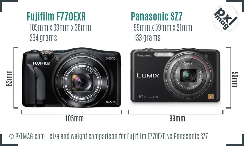 Fujifilm F770EXR vs Panasonic SZ7 size comparison