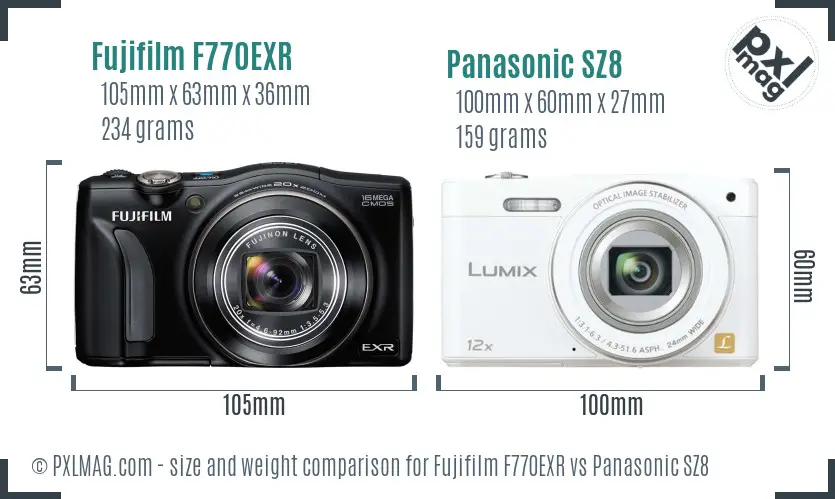 Fujifilm F770EXR vs Panasonic SZ8 size comparison