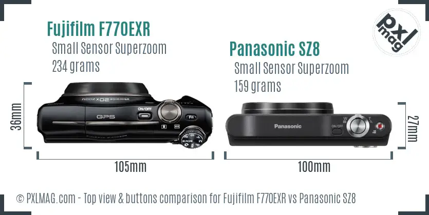 Fujifilm F770EXR vs Panasonic SZ8 top view buttons comparison