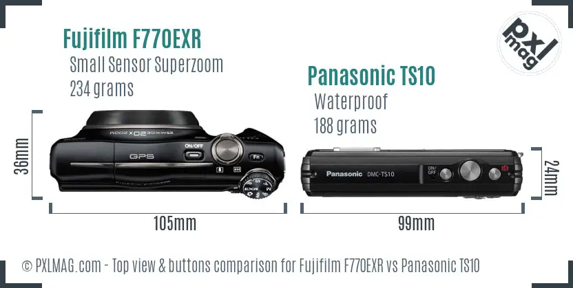 Fujifilm F770EXR vs Panasonic TS10 top view buttons comparison Fujifilm F770EXR vs Panasonic TS10 top view buttons comparison