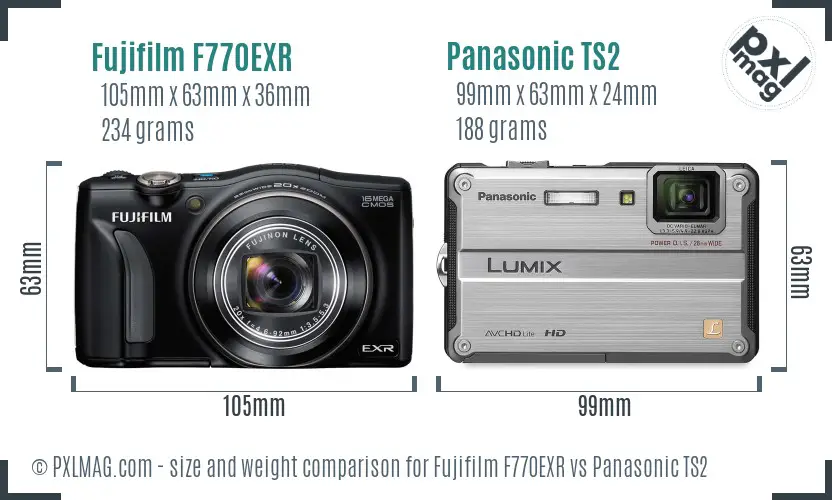 Fujifilm F770EXR vs Panasonic TS2 size comparison