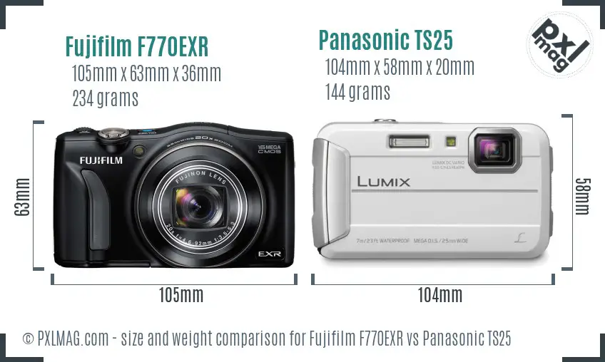 Fujifilm F770EXR vs Panasonic TS25 size comparison