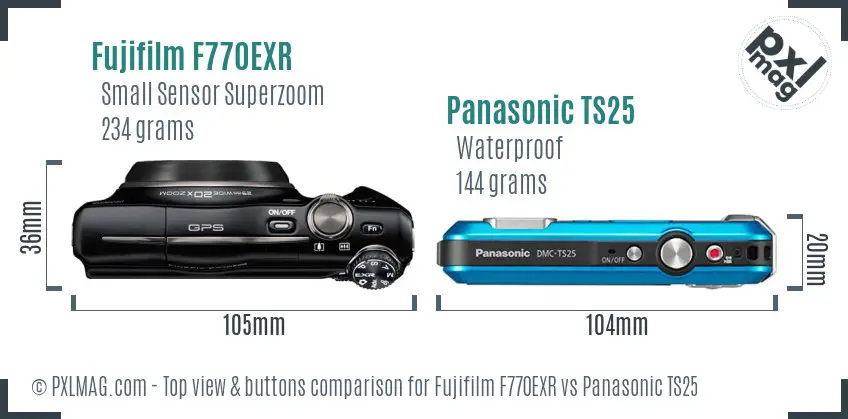 Fujifilm F770EXR vs Panasonic TS25 top view buttons comparison