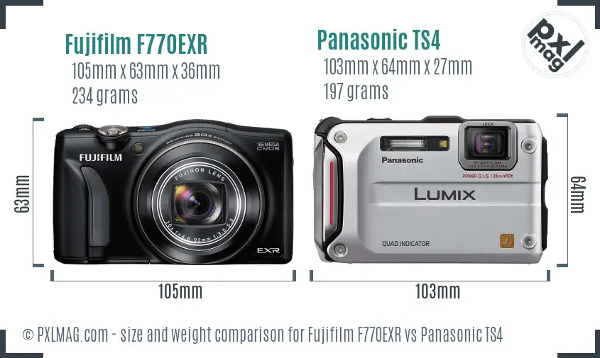 Fujifilm F770EXR vs Panasonic TS4 size comparison