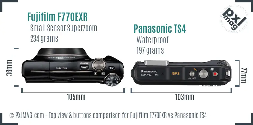 Fujifilm F770EXR vs Panasonic TS4 top view buttons comparison