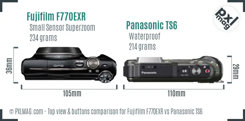 Fujifilm F770EXR vs Panasonic TS6 top view buttons comparison Fujifilm F770EXR vs Panasonic TS6 top view buttons comparison
