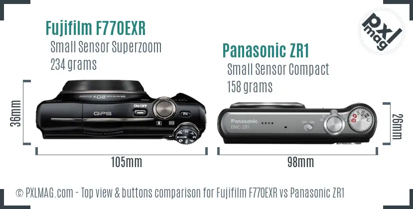 Fujifilm F770EXR vs Panasonic ZR1 top view buttons comparison
