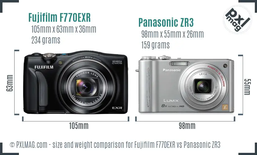Fujifilm F770EXR vs Panasonic ZR3 size comparison