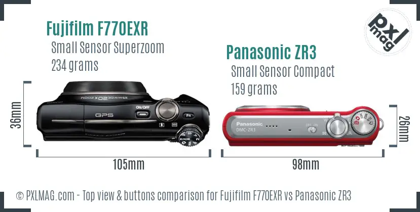 Fujifilm F770EXR vs Panasonic ZR3 top view buttons comparison