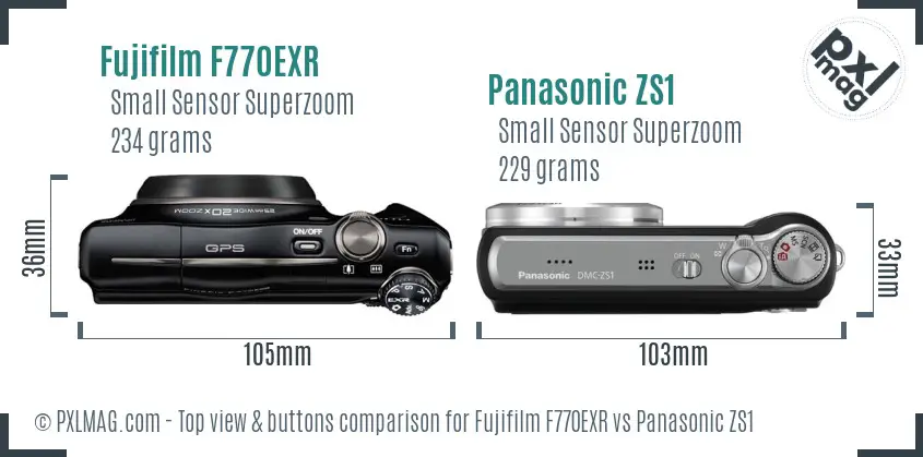 Fujifilm F770EXR vs Panasonic ZS1 top view buttons comparison