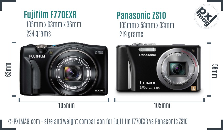 Fujifilm F770EXR vs Panasonic ZS10 size comparison