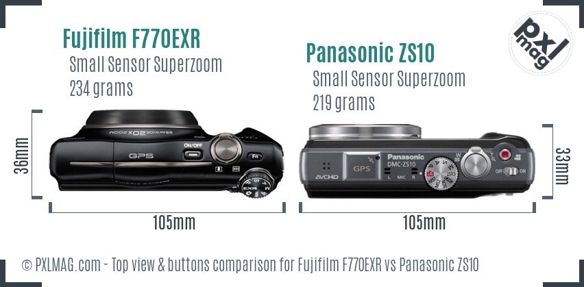 Fujifilm F770EXR vs Panasonic ZS10 top view buttons comparison