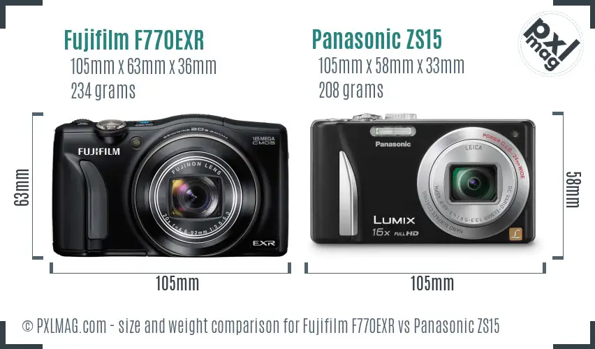 Fujifilm F770EXR vs Panasonic ZS15 size comparison