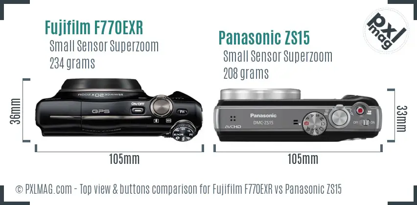 Fujifilm F770EXR vs Panasonic ZS15 top view buttons comparison